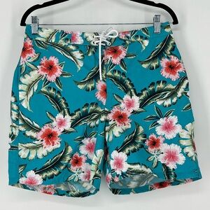 28 Palms tropical Hawaiian print swim board shorts in aqua/pink floral